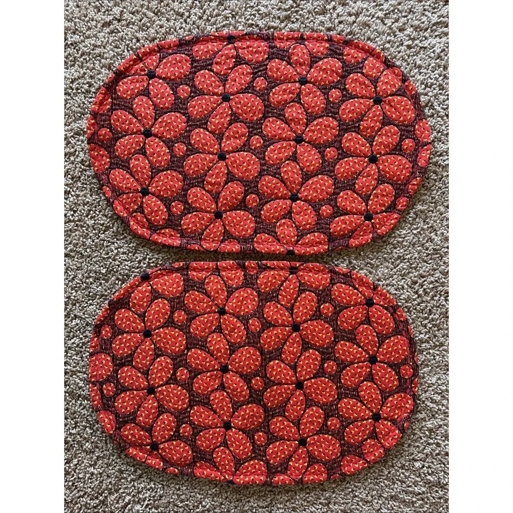 Lot Set of 2 Floral Flower Oval Quilted Vintage Retro Style Placemats 18x12